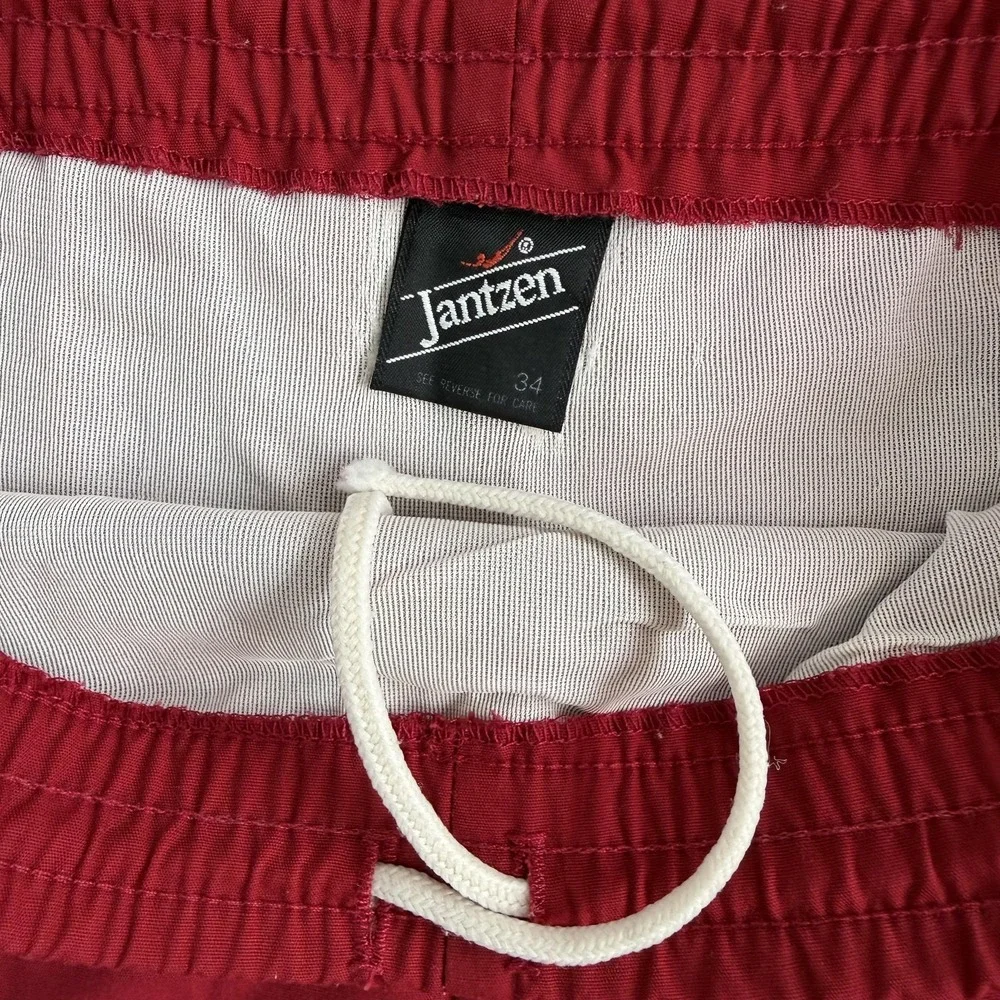 Vintage Jantzen Swim Shorts Mens 34 Red Striped Drawstring Elastic Waist Trunks